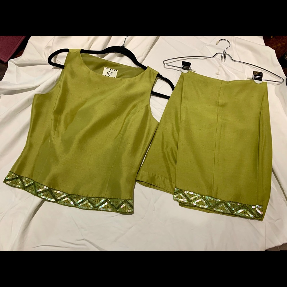 Shantung Silk Beaded Lime Green Capri & Tank Set